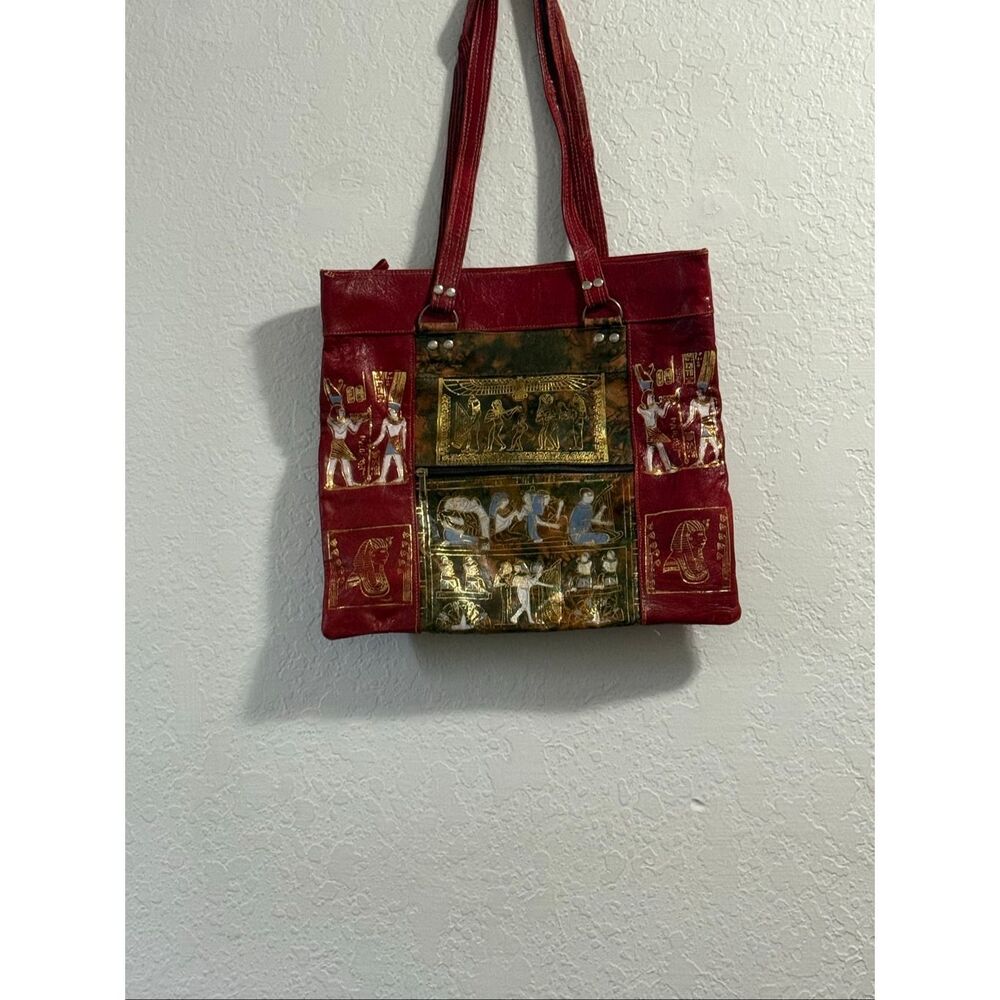 vintage Egyptian leather handbag red, gold & cream Pharaohs 14x13 bag
